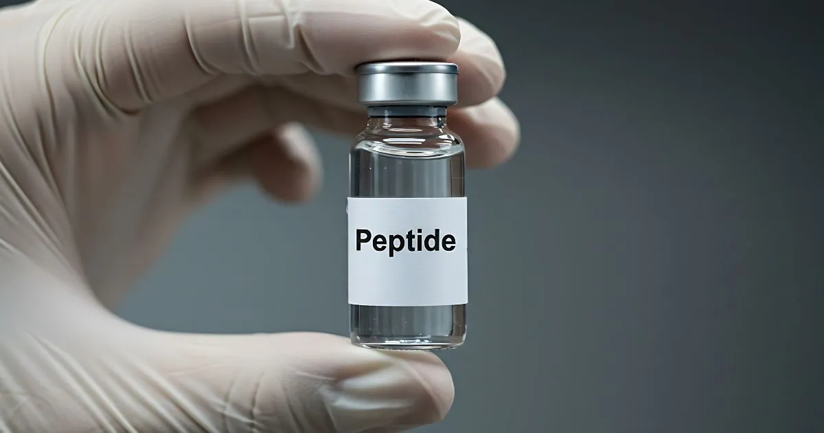 Close-up of Peptide Therapy injection vial held by a clinician in Charleston, SC